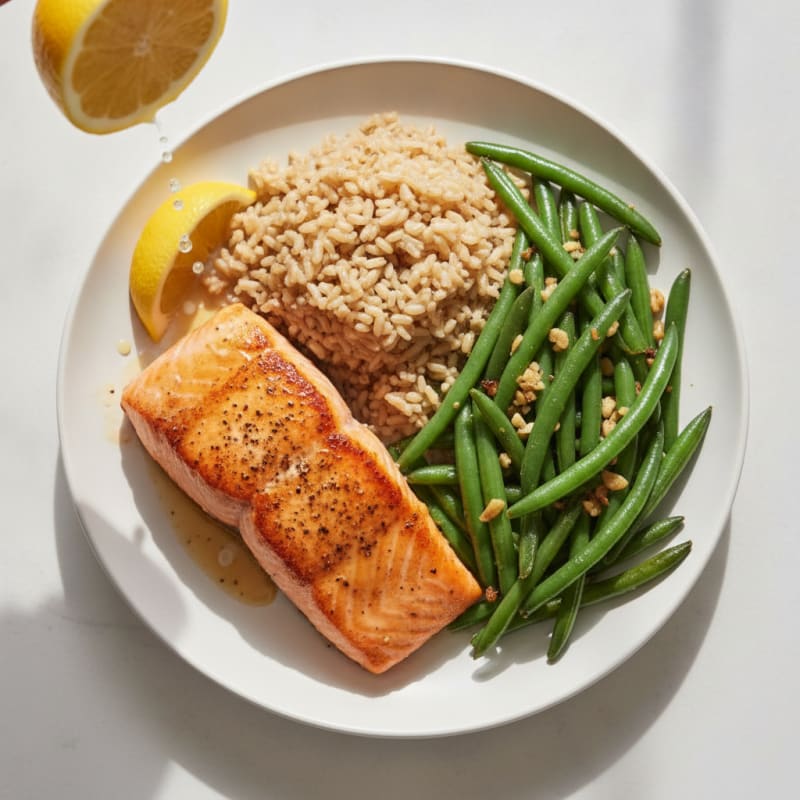 Seared Salmon with Garlic Green Beans and Brown Rice