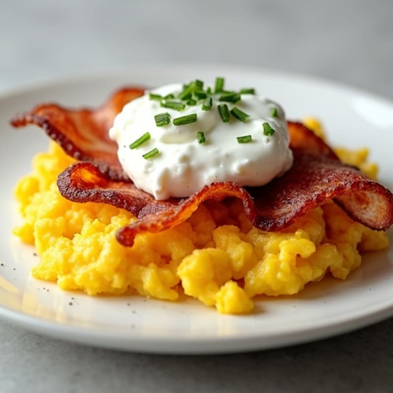 Scrambled Eggs with Crispy Turkey Bacon and Creamy Cottage Cheese