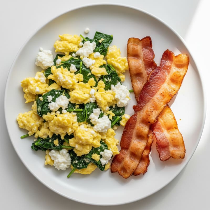 Cottage Cheese Egg Scramble with Spinach and Turkey Bacon