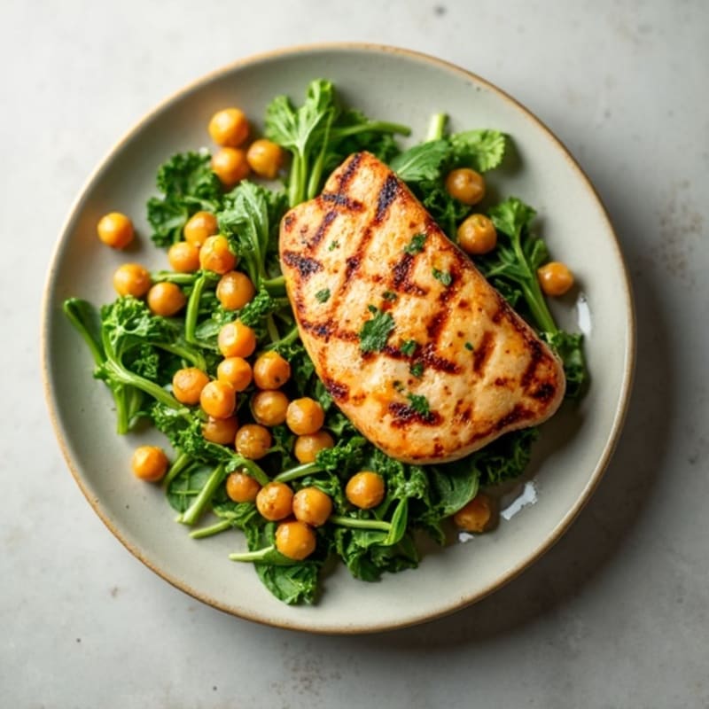 Grilled Chicken and Fresh Greens with Crispy Chickpeas and Creamy Lemon Herb Vinaigrette