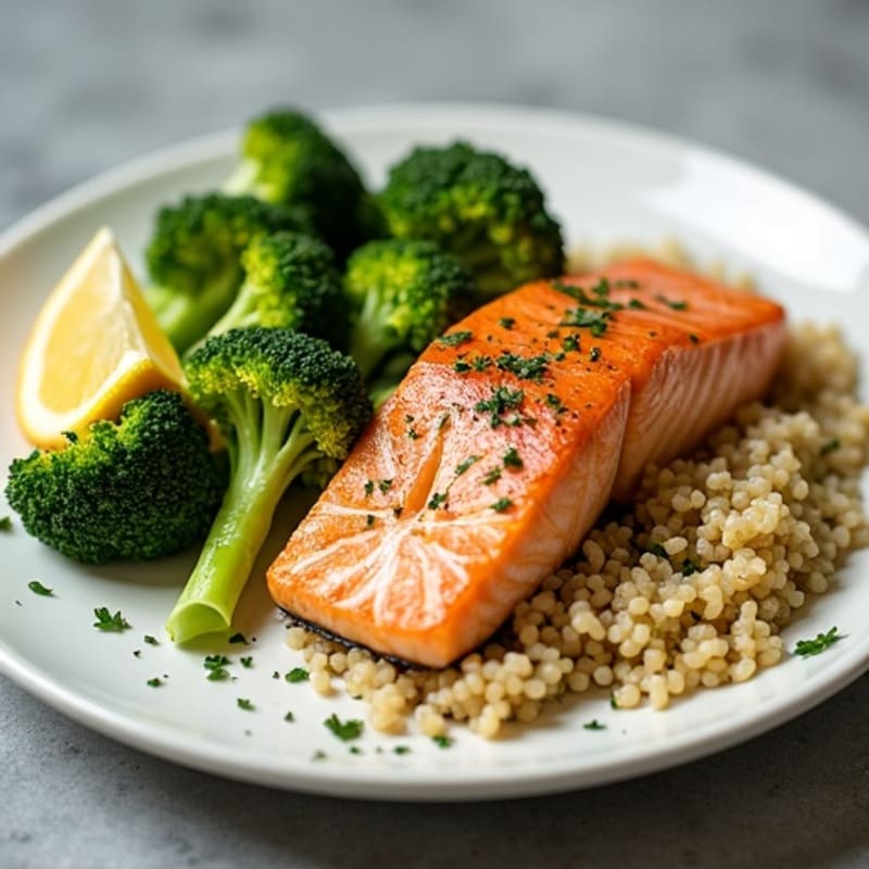 Seared Salmon with Garlicky Steamed Broccoli and Quinoa