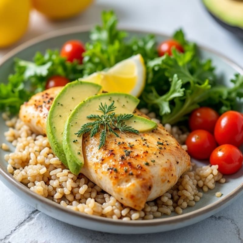 Lemon Herb Chicken with Brown Rice, Creamy Avocado, and Fresh Green Salad