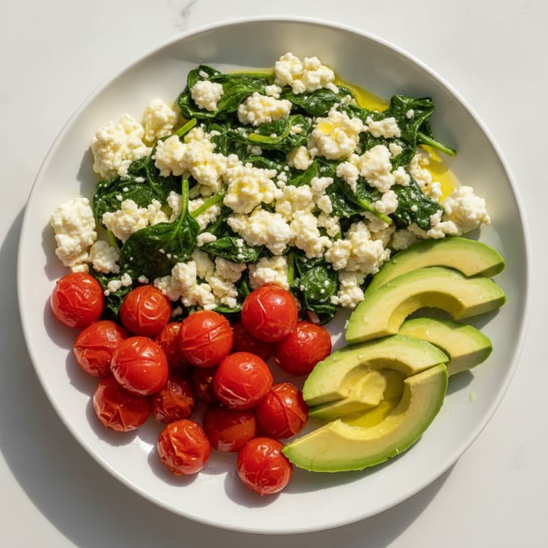 Egg White Spinach Scramble with Cottage Cheese and Cherry Tomatoes