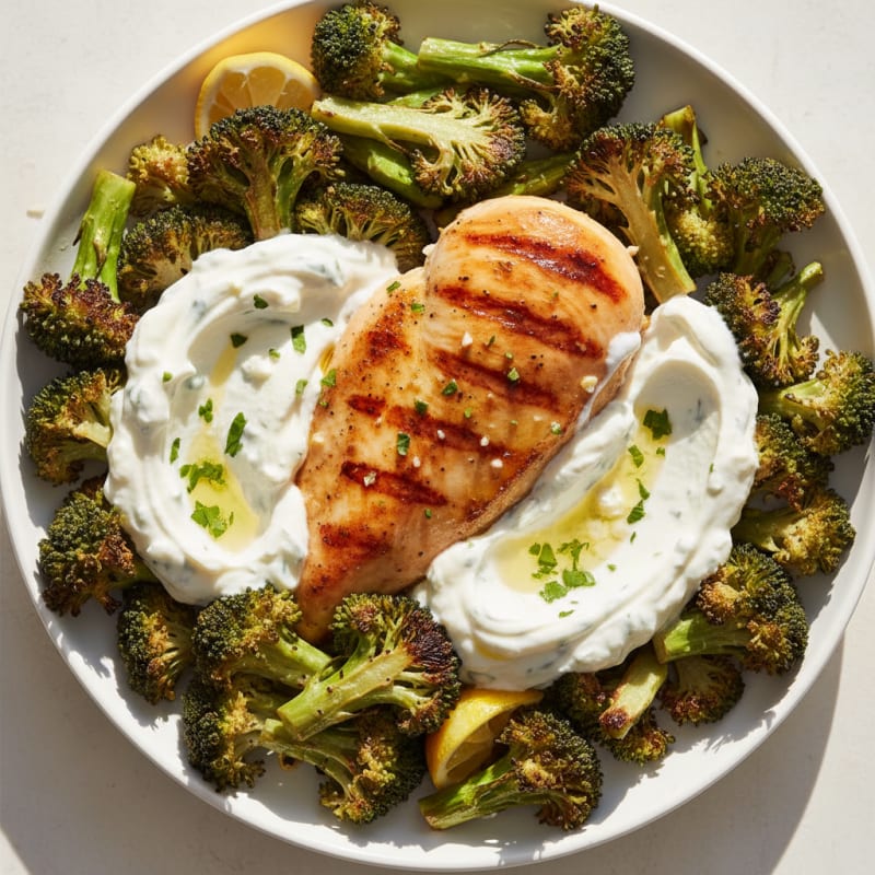 Grilled Chicken Breast with Roasted Broccoli and Greek Yogurt Dip