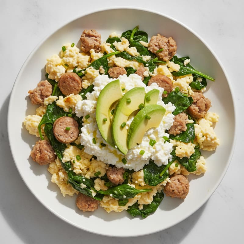 Egg White and Turkey Sausage Scramble with Cottage Cheese and Sautéed Spinach
