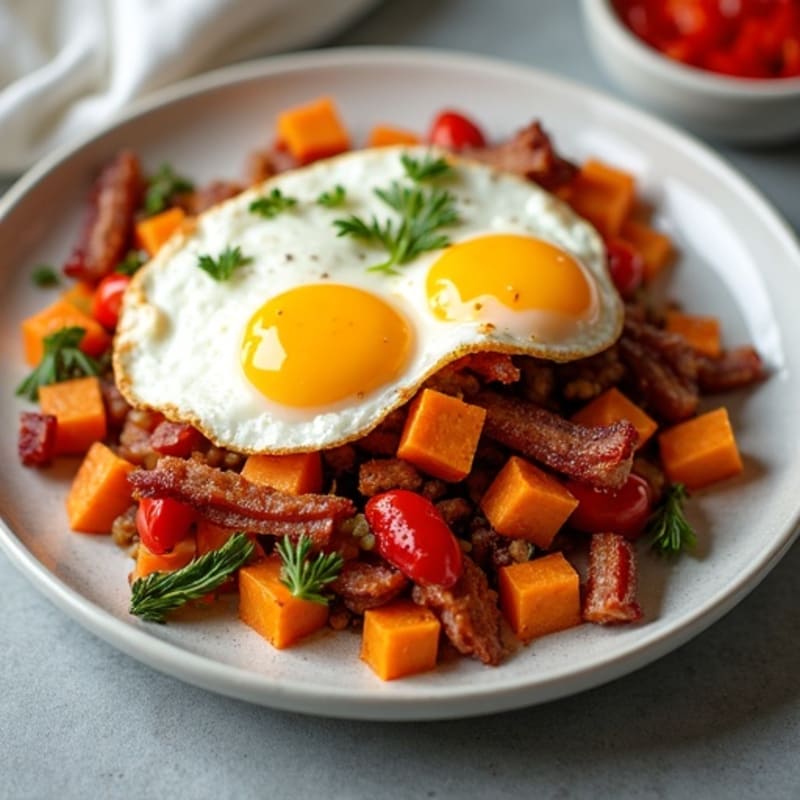 Crispy Rabbit Bacon and Roasted Sweet Potato Hash