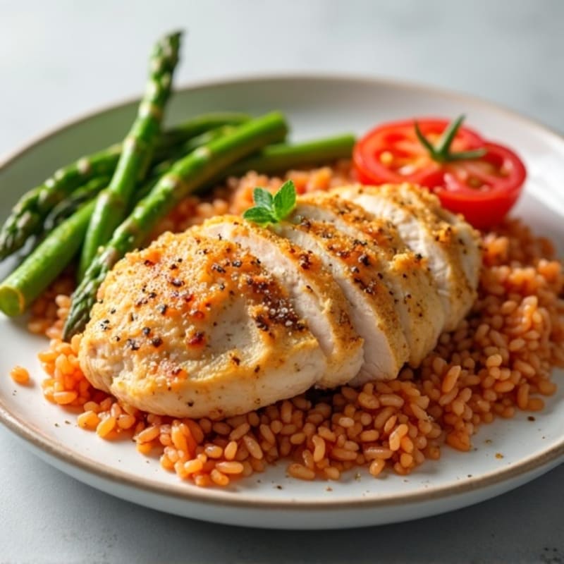 Shredded Chicken with Roasted Asparagus and Fresh Tomato Rice