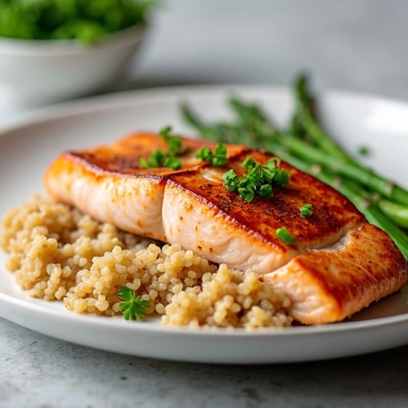 Seared Salmon Fillet with Steamed Asparagus and Brown Rice