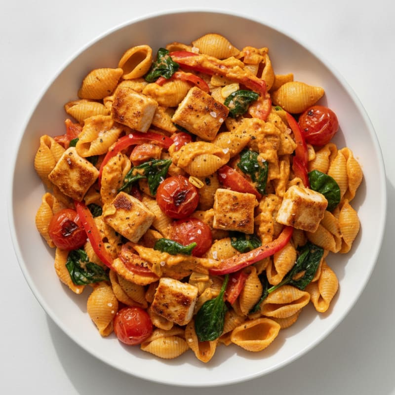 Pasta with Sautéed Vegetables and Hummus Sauce
