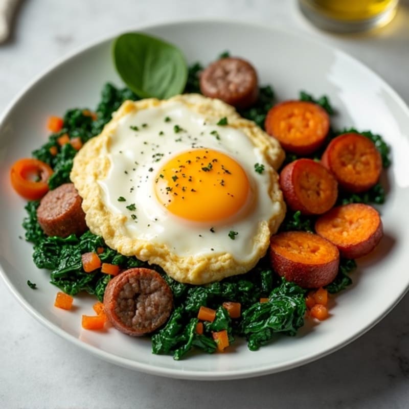 Egg White and Turkey Sausage Scramble with Sautéed Spinach and Sweet Potato