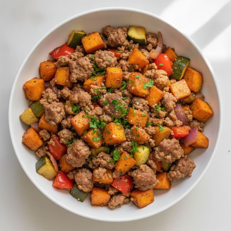 Sirloin & Sweet Potato Hash with Fire-Roasted Vegetables