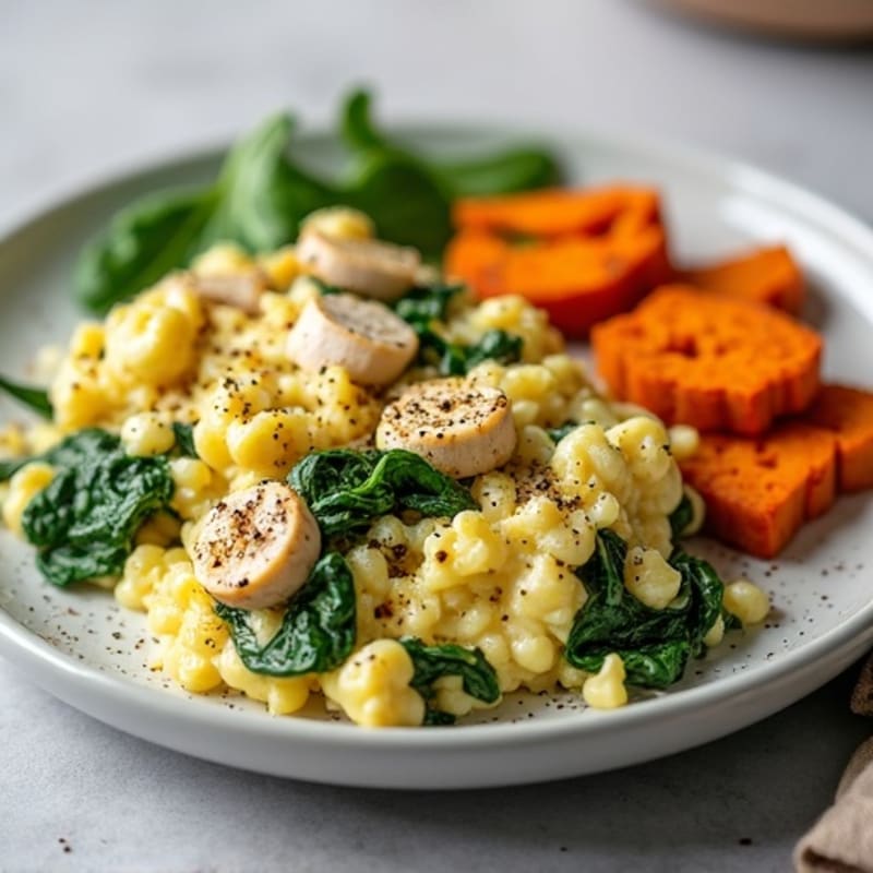 Egg White and Turkey Spinach Scramble with Roasted Sweet Potato