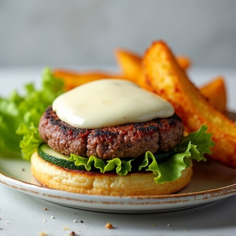 Lean Beef Burger with Melted Mozzarella and Crispy Baked Zucchini Fries