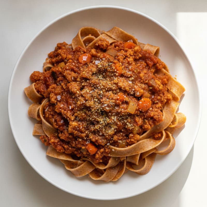 Savory Soya Mince Bolognese with Pappardelle
