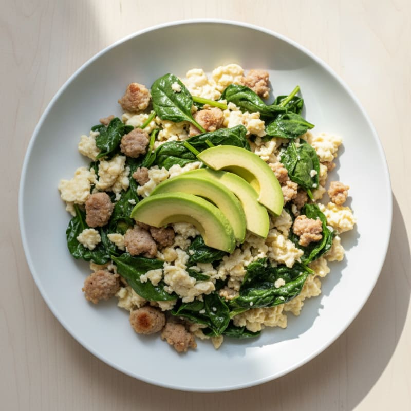 Egg White Scramble with Turkey Sausage and Sautéed Spinach