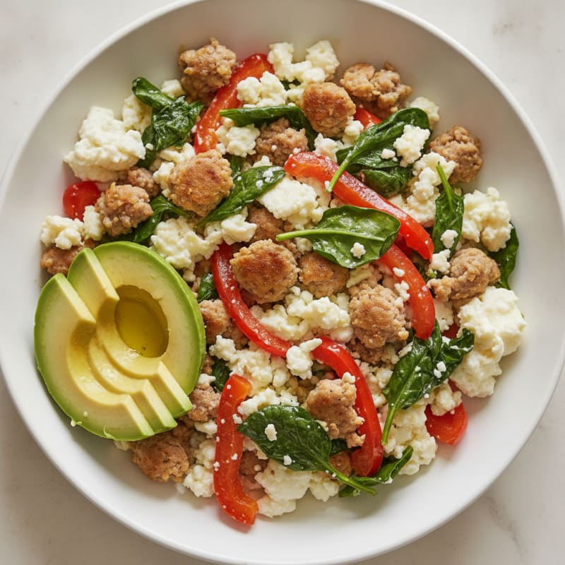Egg White and Turkey Sausage Scramble with Spinach and Bell Pepper