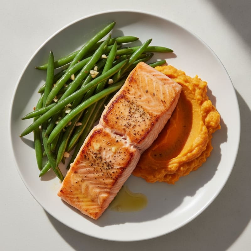 Seared Salmon with Garlic Green Beans and Sweet Potato Mash