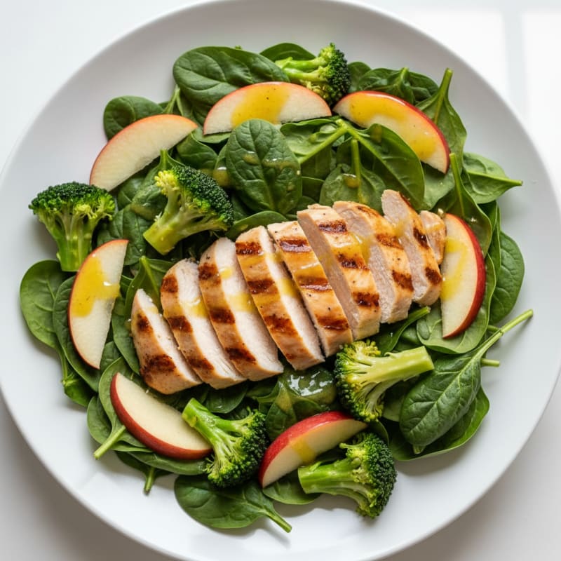 Grilled Chicken Spinach Salad with Broccoli and Fiji Apples