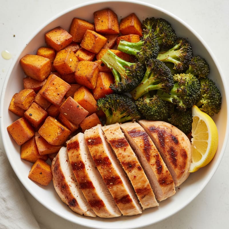 Grilled Chicken and Sweet Potato Bowl with Roasted Broccoli