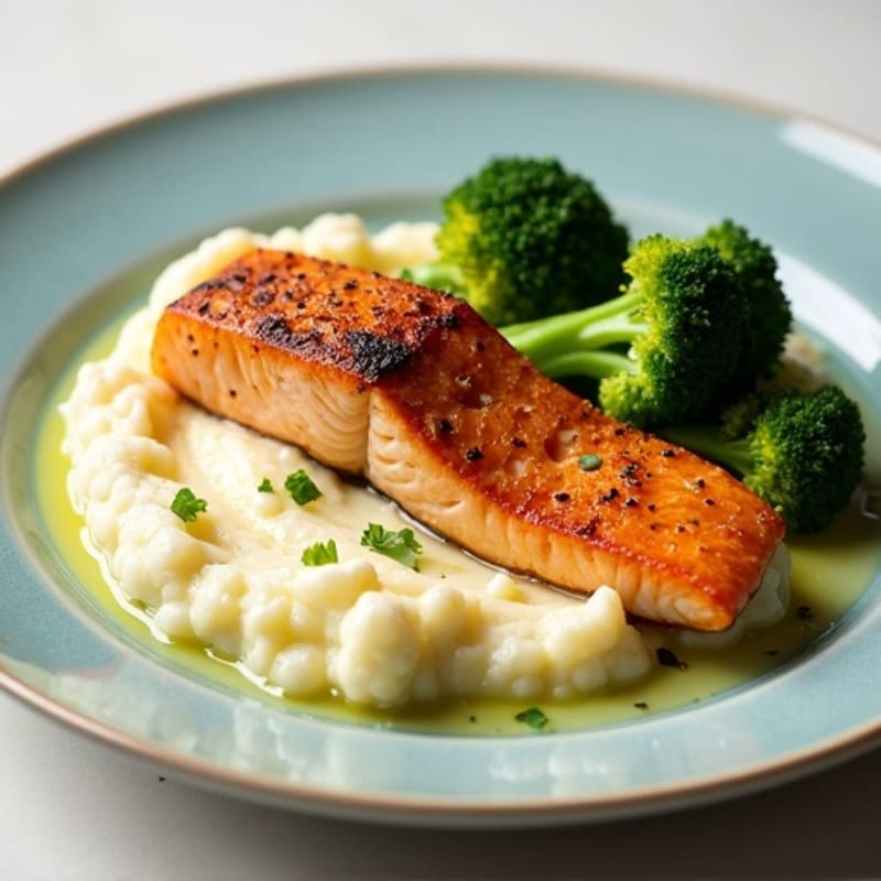 Seared Salmon Fillet with Roasted Broccoli and Garlic Mashed Cauliflower