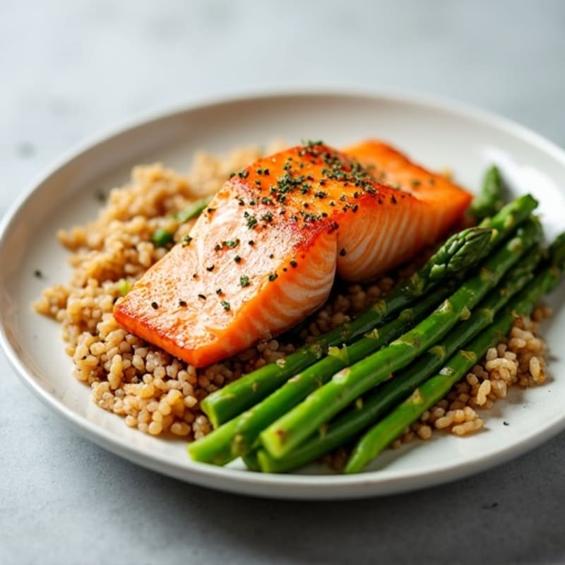 Seared Salmon Fillet with Steamed Asparagus and Brown Rice