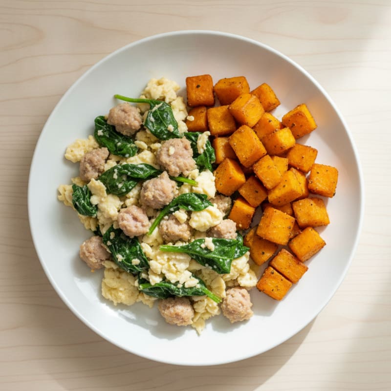 Egg White and Turkey Sausage Scramble with Spinach and Roasted Sweet Potato