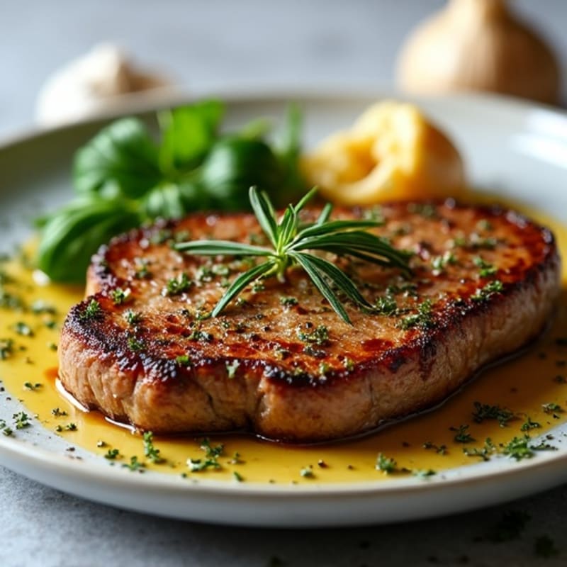 Herb-Crusted Pan Seared Steak with Roasted Garlic