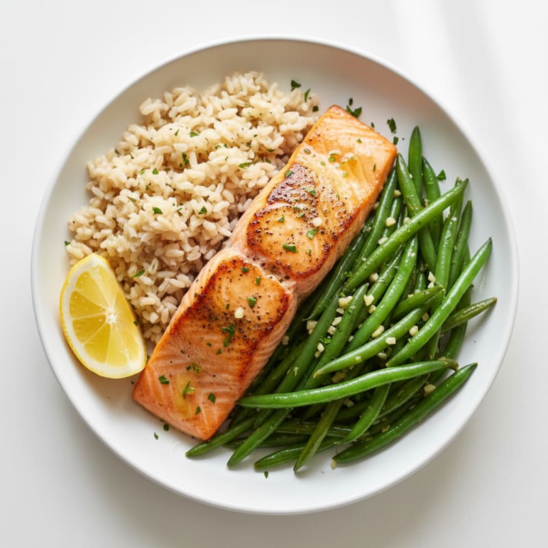 Seared Salmon with Garlic Green Beans and Brown Rice