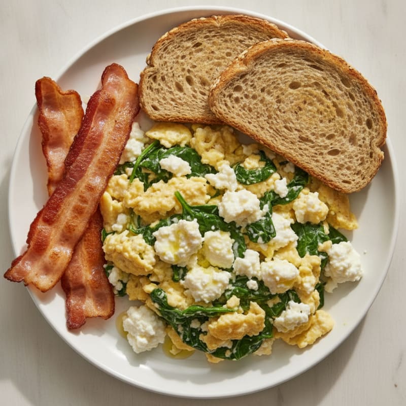 Cottage Cheese Scramble with Spinach and Turkey Bacon