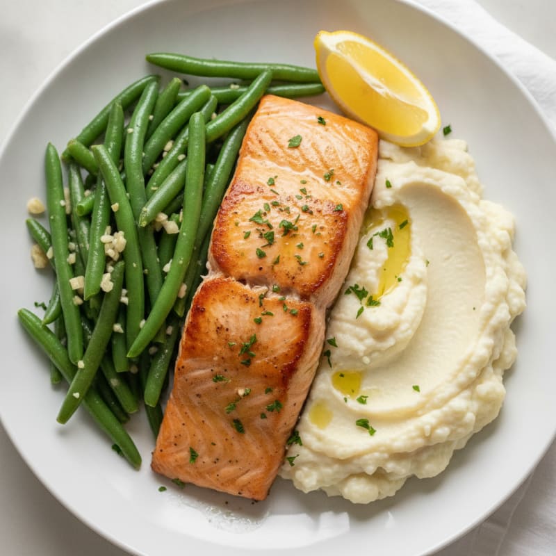 Seared Salmon with Steamed Green Beans and Cauliflower Mash