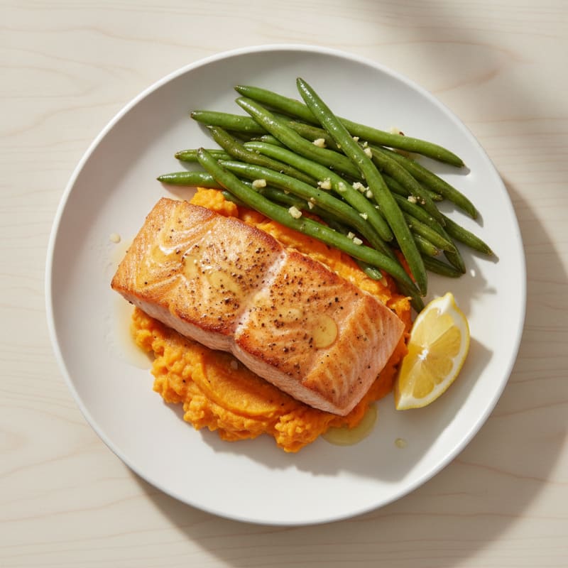 Seared Salmon with Sautéed Green Beans and Sweet Potato Mash