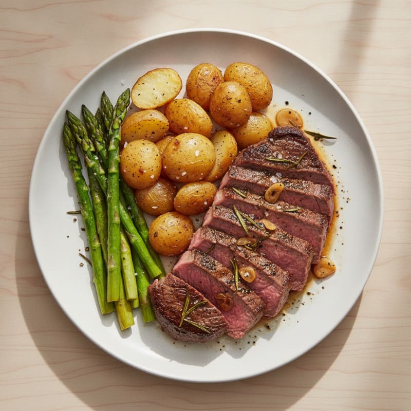 Garlic Herb Steak with Roasted Asparagus and Potatoes
