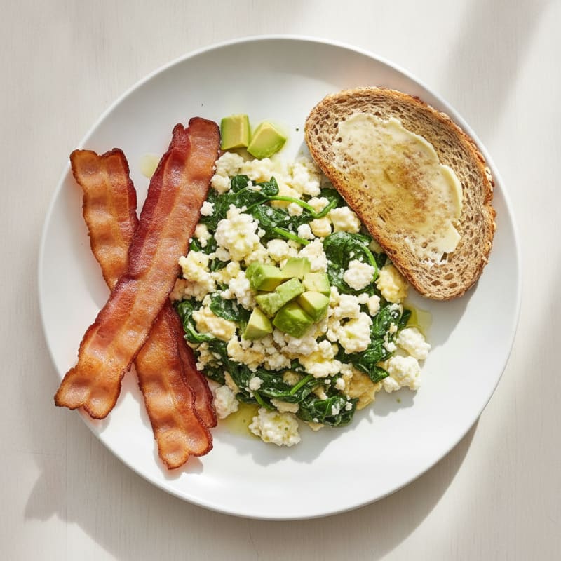 Cottage Cheese Scramble with Spinach and Turkey Bacon