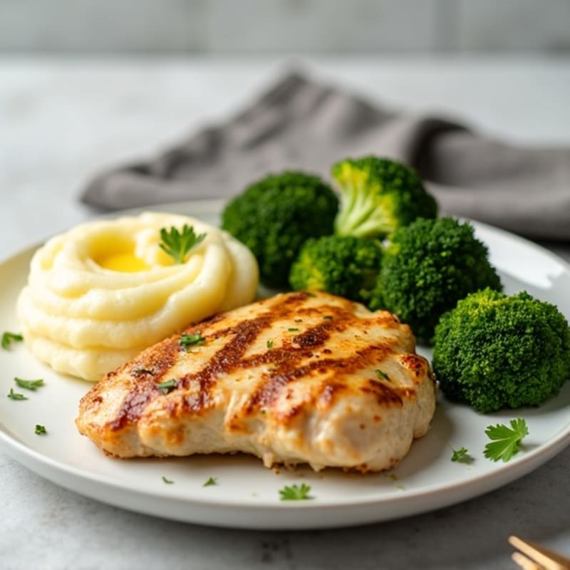 Garlic Butter Chicken with Creamy Mashed Potatoes and Crispy Roasted Broccoli