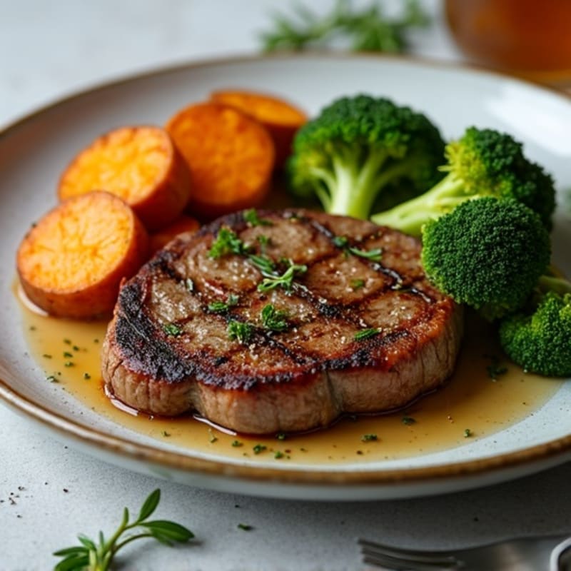 Garlic Herb Pan-Seared Steak with Roasted Sweet Potatoes and Broccoli