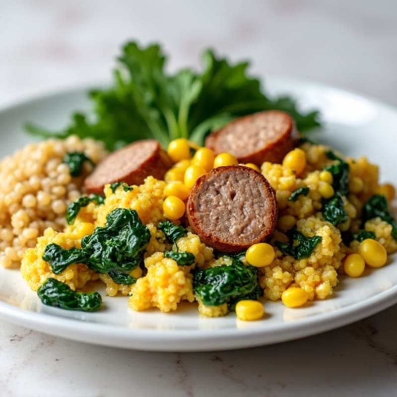 Egg White and Turkey Sausage Scramble with Sautéed Spinach and Quinoa