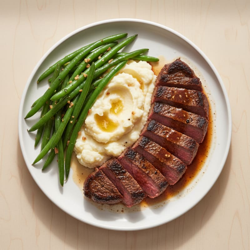 Seared Sirloin Steak with Garlic Green Beans and Mashed Cauliflower