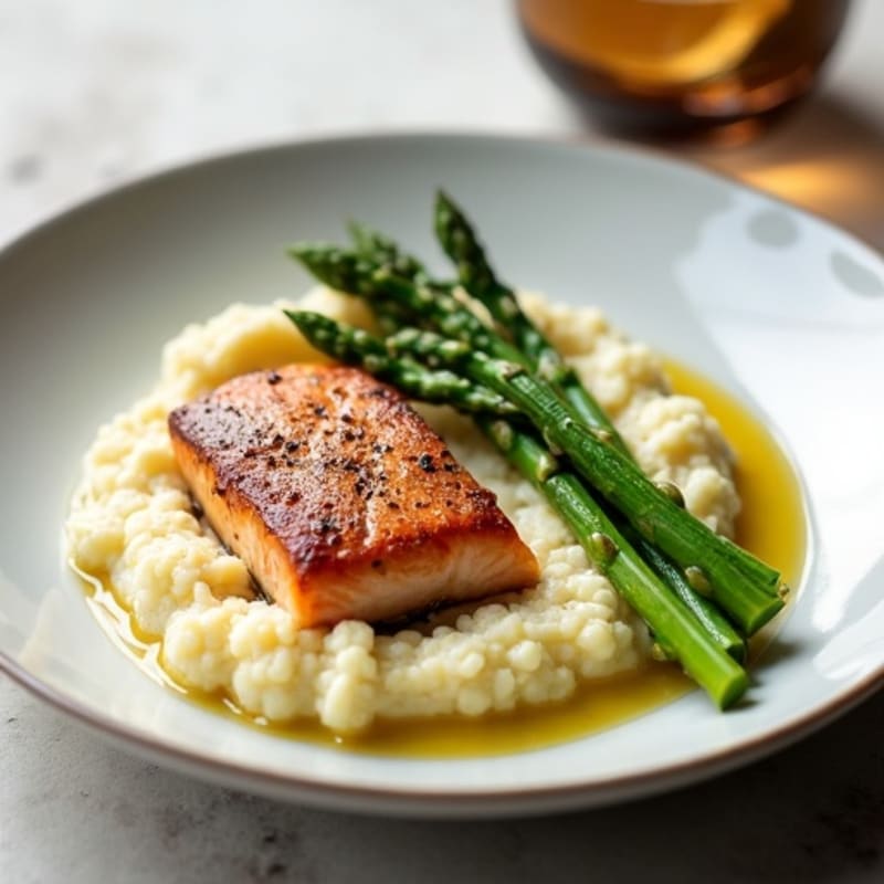 Seared Salmon with Steamed Asparagus and Cauliflower Mash