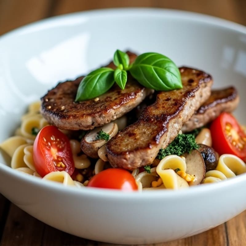 Seared Beef Strips with Eggplant and Silverbeet Pasta