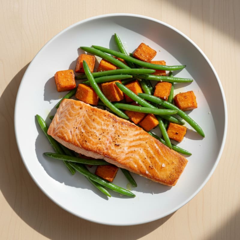 Seared Salmon Fillet with Roasted Sweet Potatoes and Green Beans