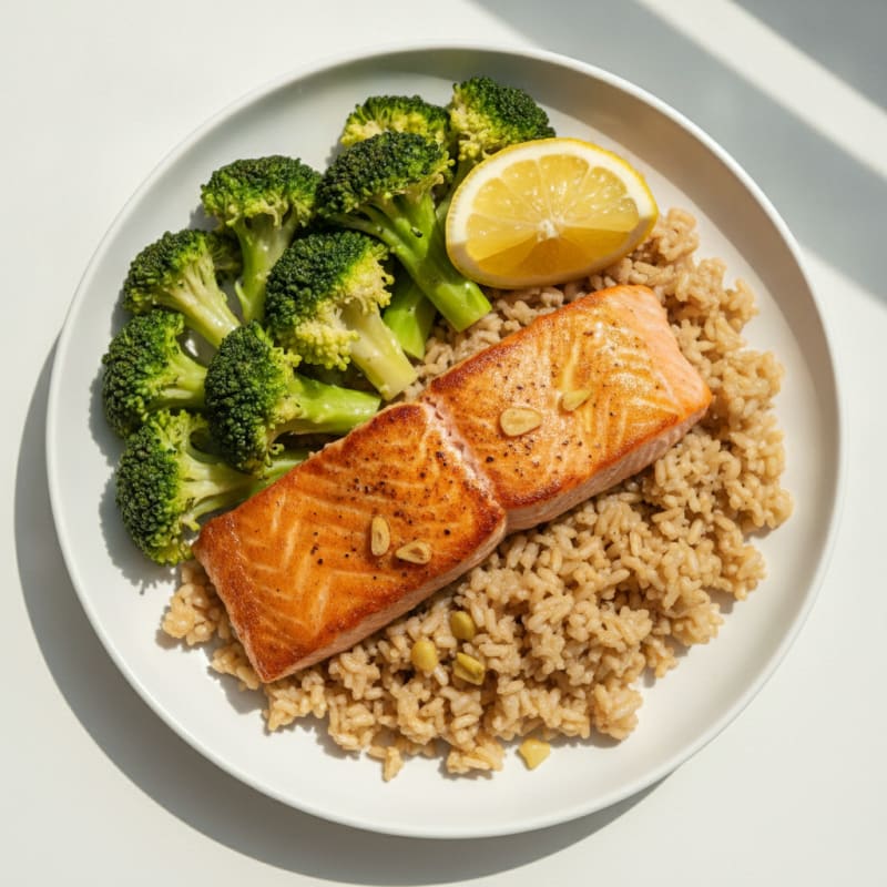 Seared Salmon with Steamed Broccoli and Garlic Brown Rice