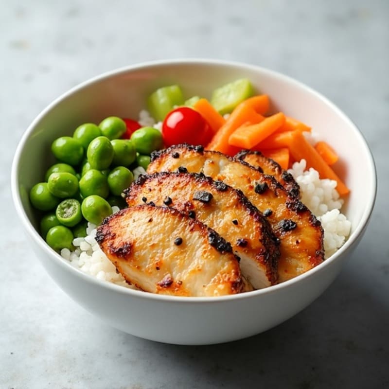 Grilled Chicken Rice Bowl with Pickled Vegetables and Edamame