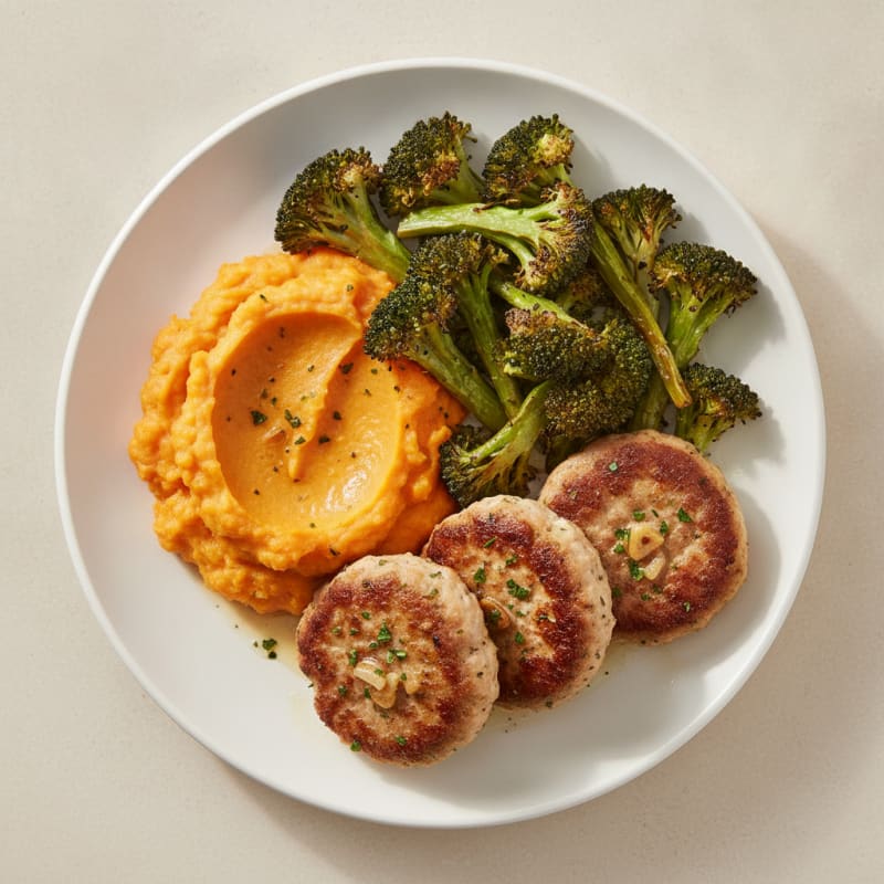 Seared Turkey Patties with Roasted Broccoli and Sweet Potato Mash