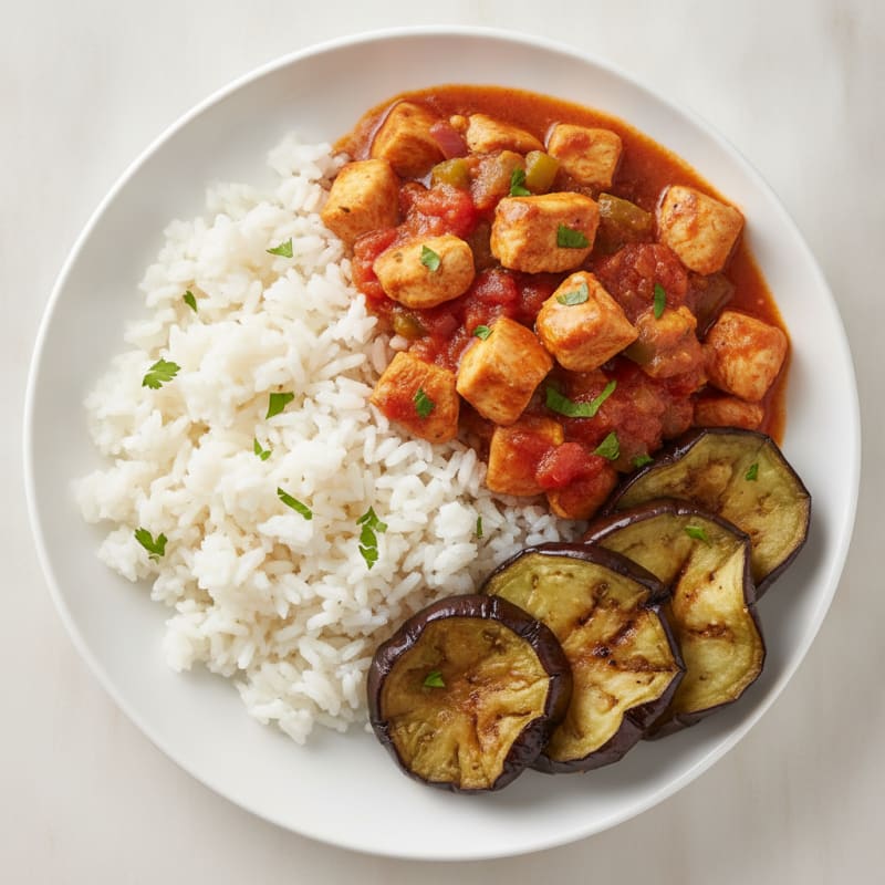 Lean Chicken Breast Stew with Steamed White Rice and Roasted Eggplant