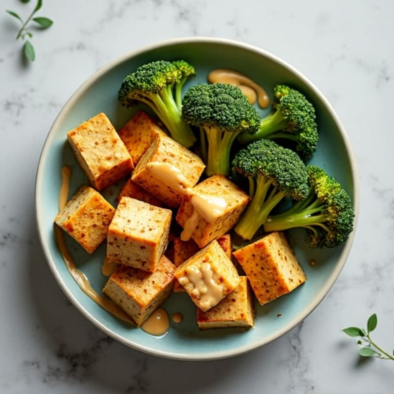 Crispy Baked Tofu with Roasted Broccoli and Tahini Drizzle