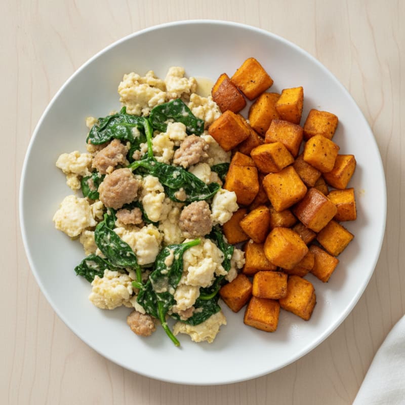 Egg White and Turkey Sausage Scramble with Spinach and Roasted Sweet Potatoes