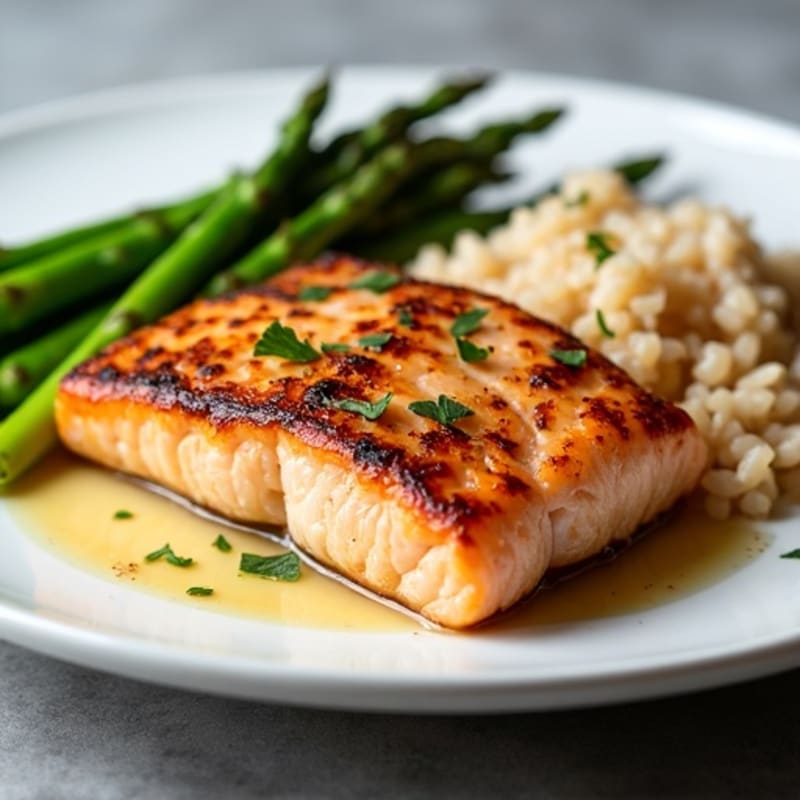 Seared Salmon Fillet with Steamed Asparagus and Brown Rice