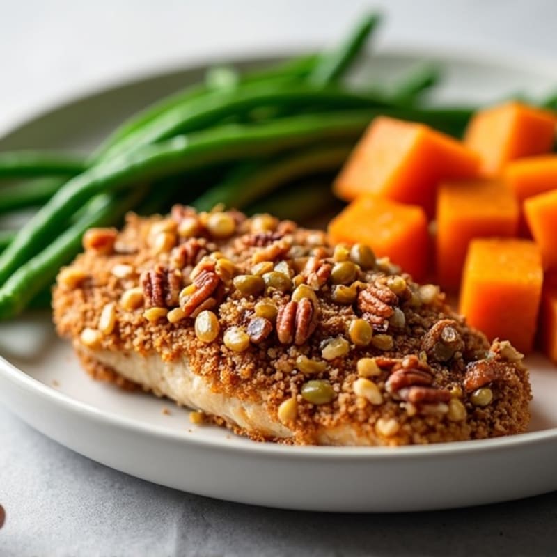Crispy Pecan-Crusted Chicken with Roasted Sweet Potato and Green Beans