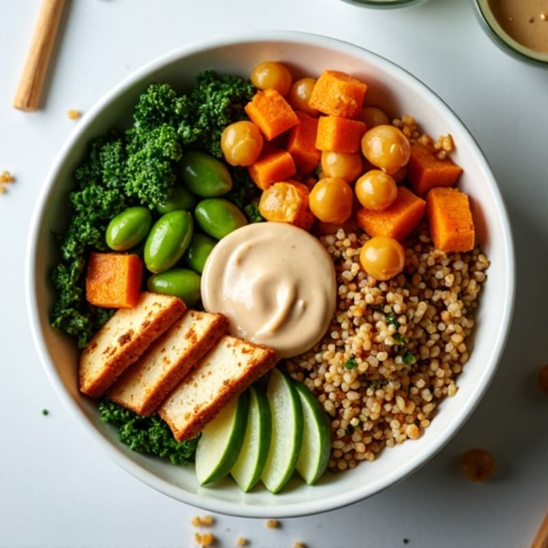 Crispy Roasted Chickpea and Sweet Potato Buddha Bowl with Creamy Tahini Dressing