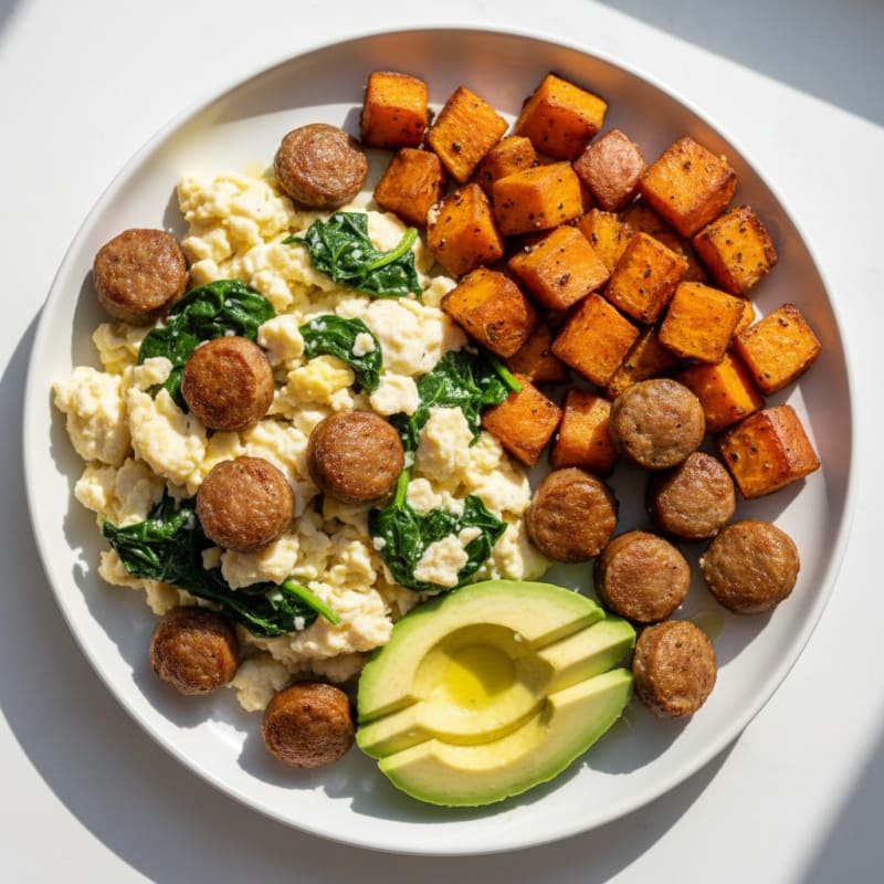 Crispy Turkey Sausage and Egg White Scramble with Sautéed Spinach